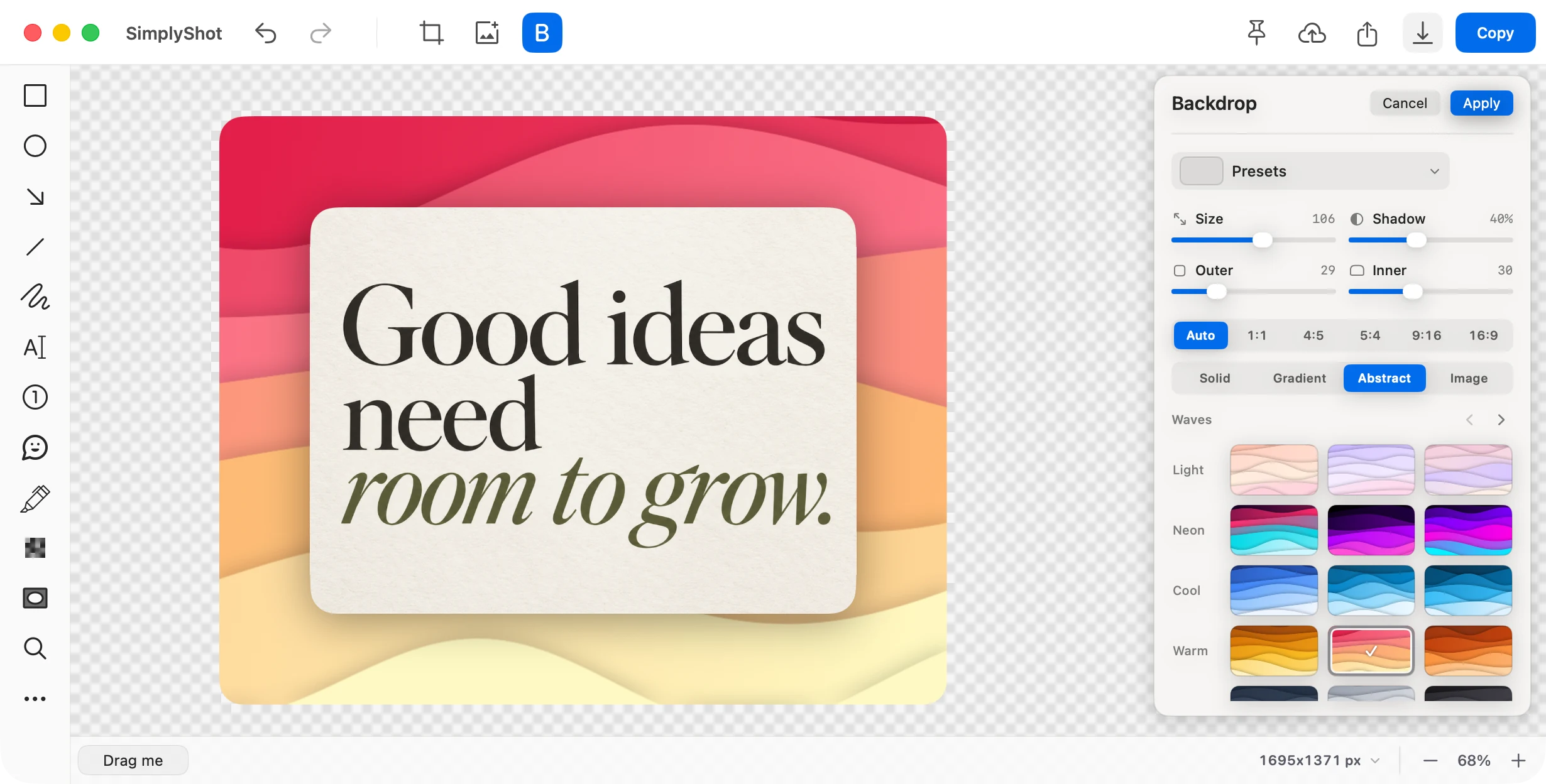 The SimplyShot editor with the Backdrop pane open: a quote card on a warm red-to-yellow Waves backdrop, with Size, Shadow, Outer, and Inner sliders, aspect ratios, and Abstract presets.