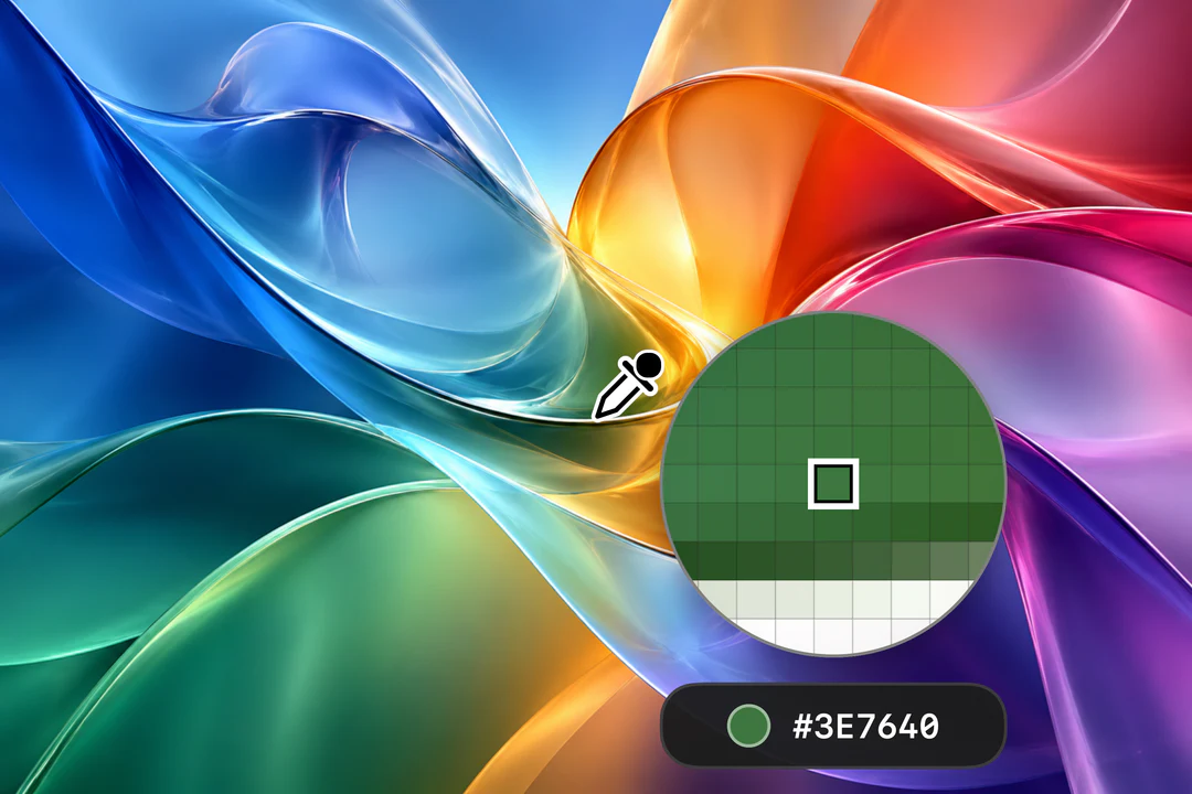 The SimplyShot color picker over a colorful wallpaper, magnifying a green pixel with the value #3E7640.