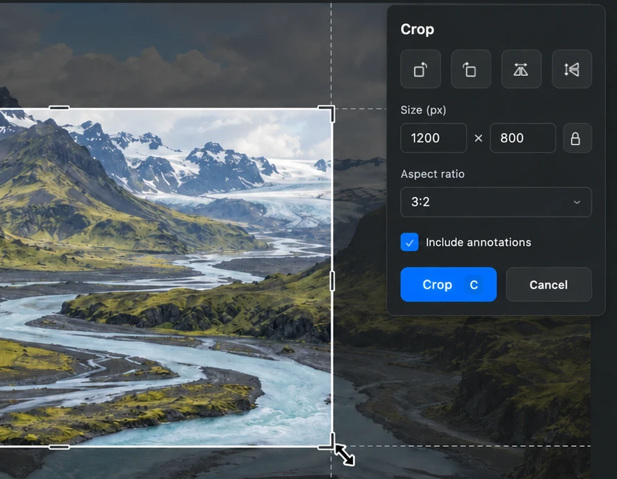 The SimplyShot editor cropping a landscape photo to 1200 by 800 pixels at a 3:2 aspect ratio.
