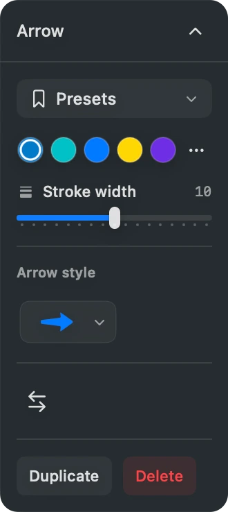 SimplyShot's Arrow panel with presets, colors, stroke width, arrow style, Duplicate, and Delete.